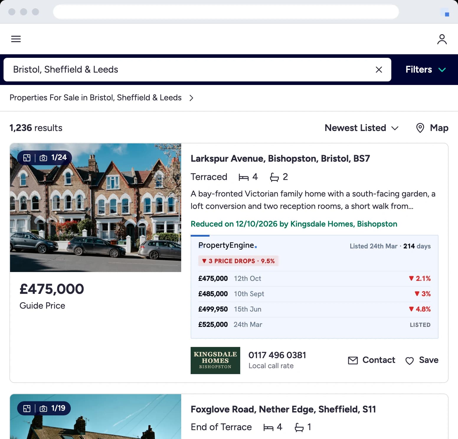 Rightmove search results with PropertyEngine on each listing: one showing three price drops, 9.5% in all, since it was listed 214 days ago