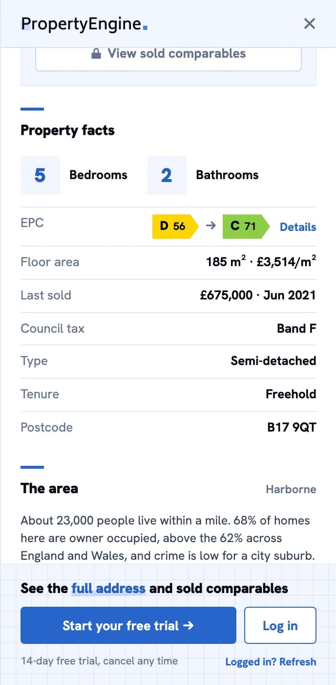Property facts: bedrooms and bathrooms, its EPC rating, floor area and price per square metre, when it last sold and for how much, and its council tax band