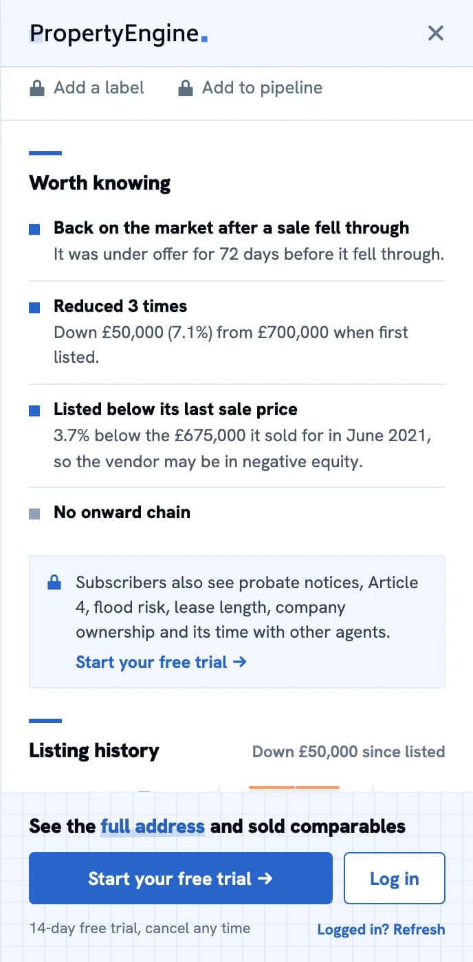 Worth knowing: back on the market after a sale fell through, reduced 3 times, listed below its last sale price, and no onward chain