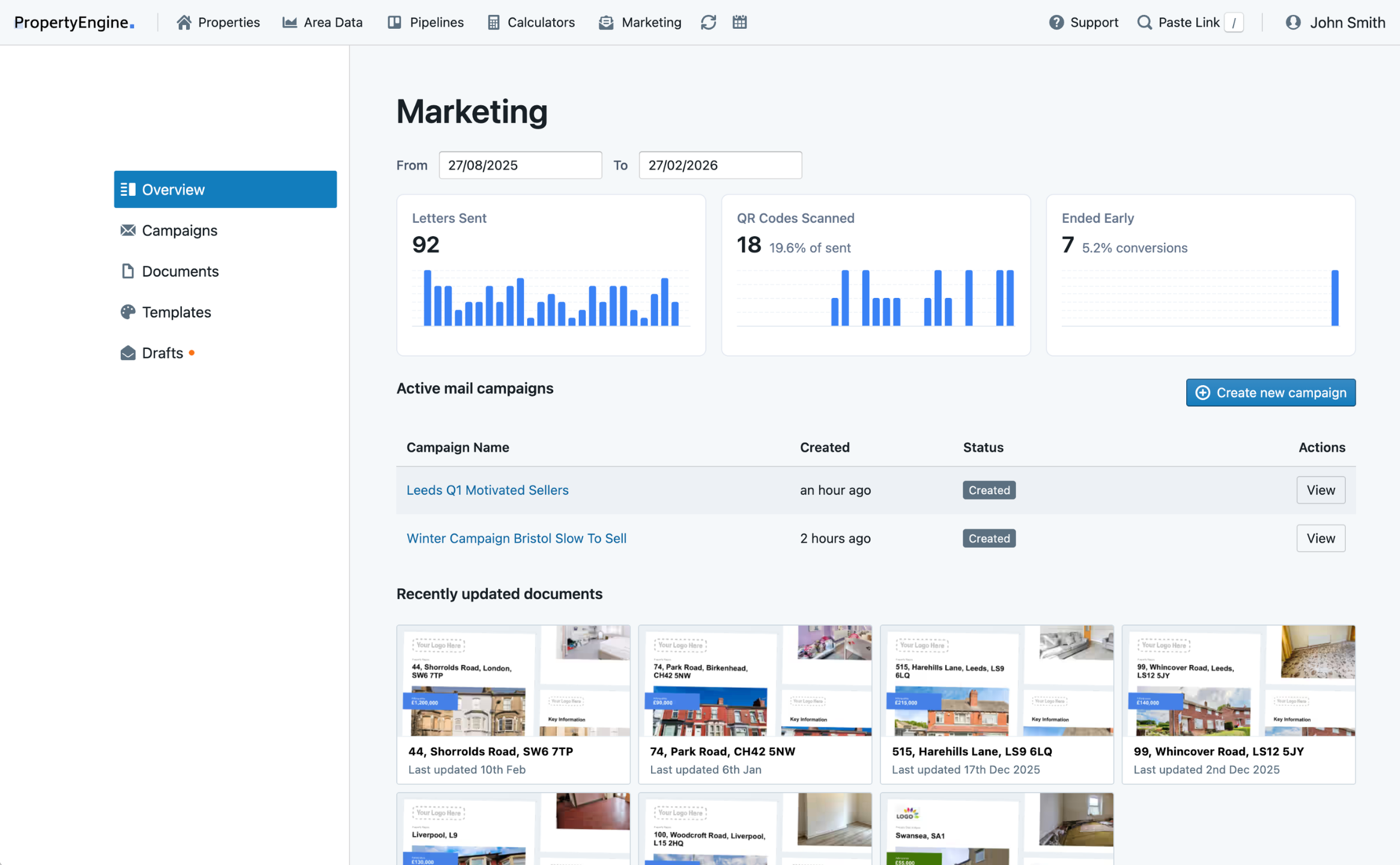 Screenshot of the Mail Campaigns dashboard in the Marketing section of the PropertyEngine portal. The Dashboard shows 3 graphs: Amount of Letters Sent, QR Codes Scanned and Ended Early. Below the graphs are different set up Mail Campaigns and underneath that are recently uploaded documents. 