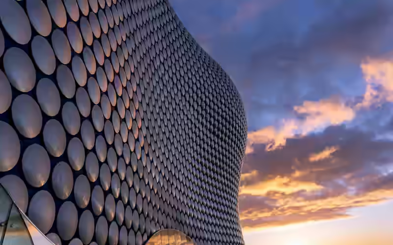 The Selfridges building in Birmingham at sunset