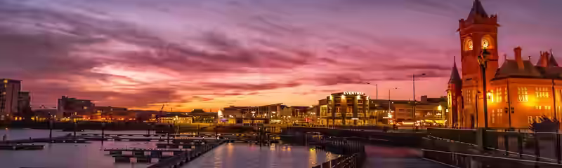 Cardiff Bay and the Pierhead Building at sunset