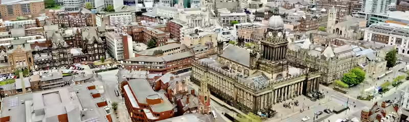 Leeds city centre and the Town Hall from above