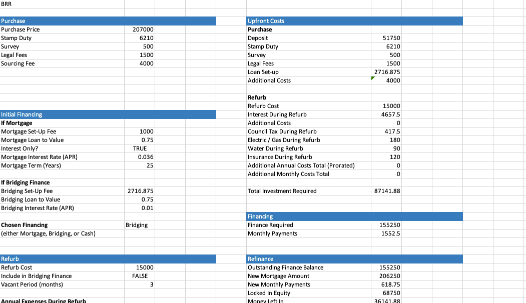 PropertyEngine BRR Calculator open in Microsoft Excel