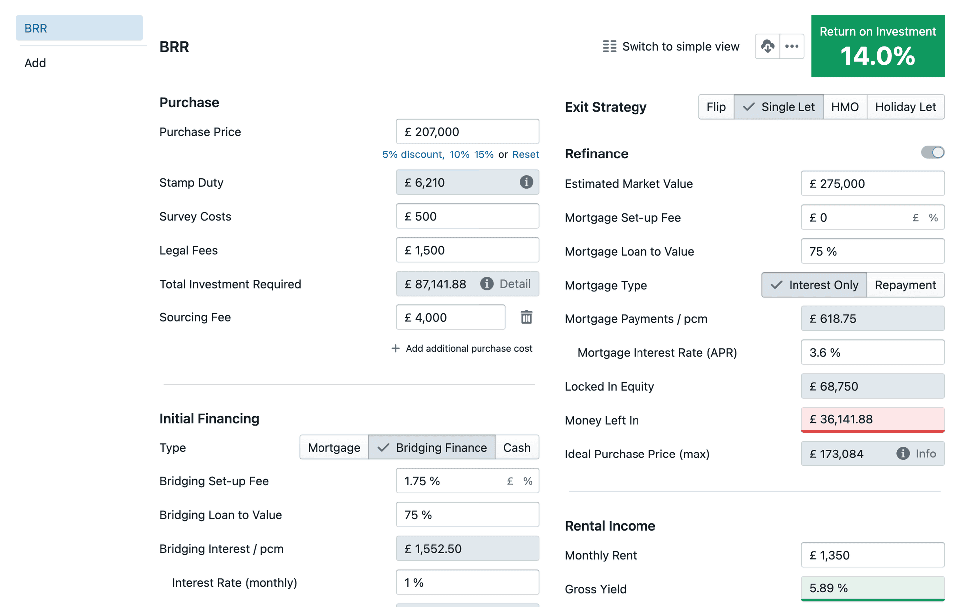 Detailed BRR calculator screenshot