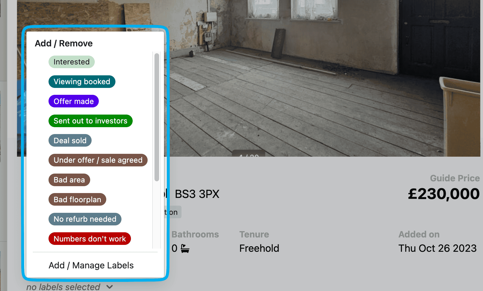 Adding labels to a property screenshot